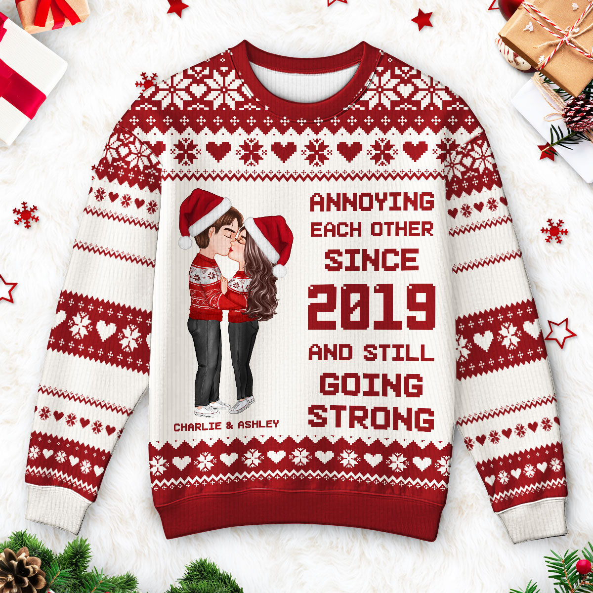Christmas Hugging Kissing Couple Personalized Faux Knitting Ugly Sweater, Gift For Him, For Her