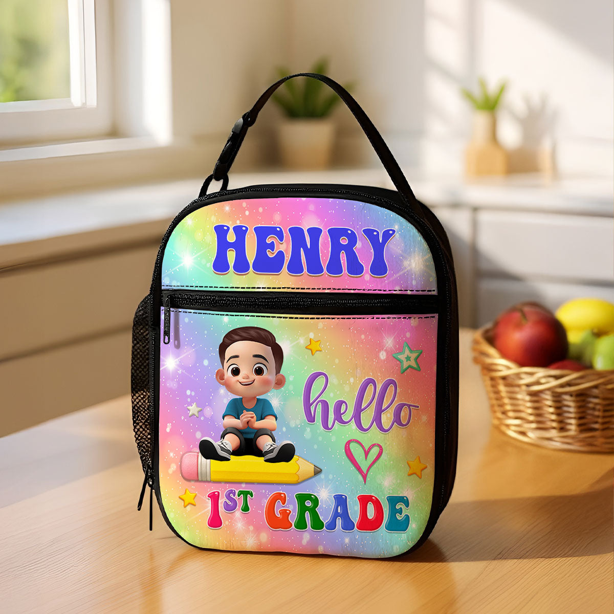 Kid Sitting On Pencil Personalized Insulated Kid Lunch Bag, Back To School gift