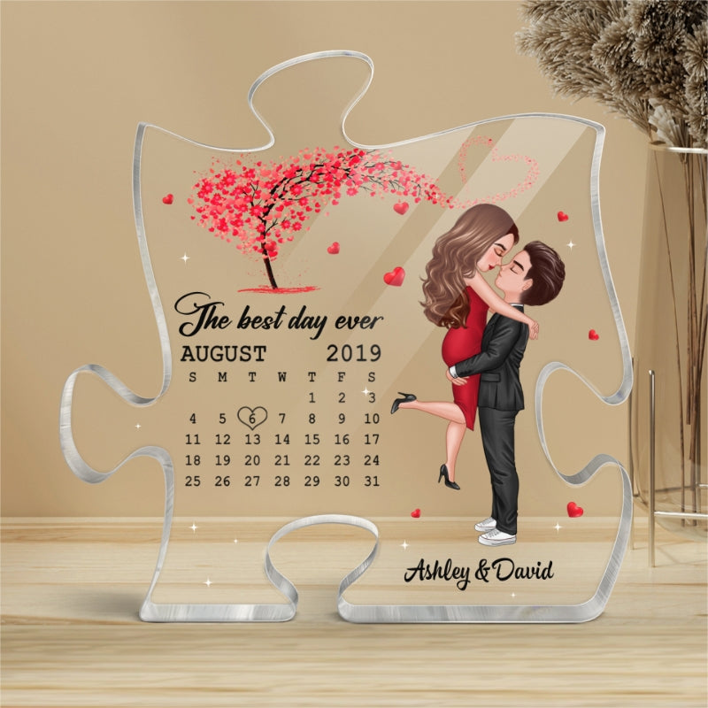 Doll Couple Hugging Kissing Under Red Heart Tree Calendar Anniversary Date Personalized Puzzle Acrylic Plaque