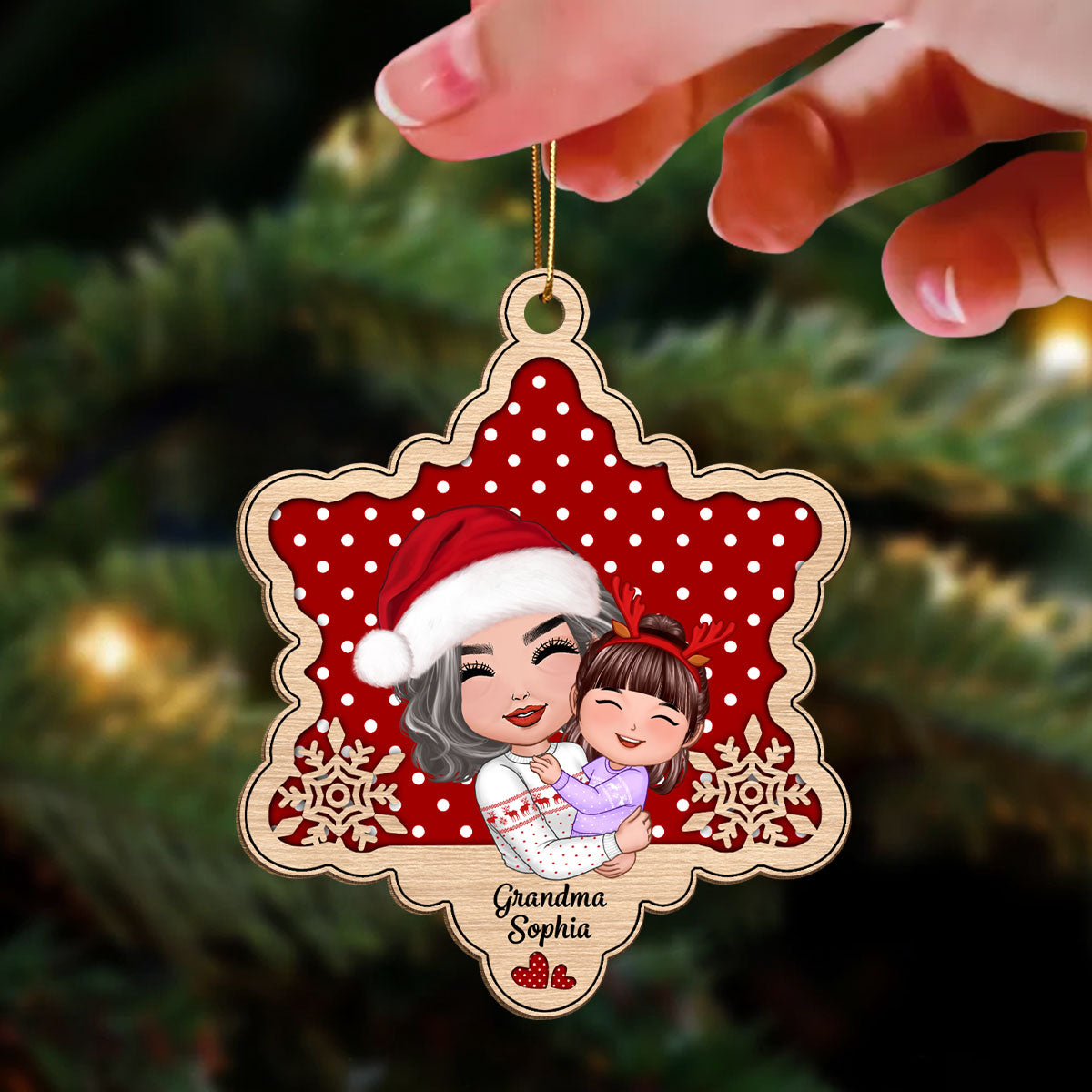Doll Grandma Hugging Granddaughter Grandson Snowflake Personalized Wooden Ornament