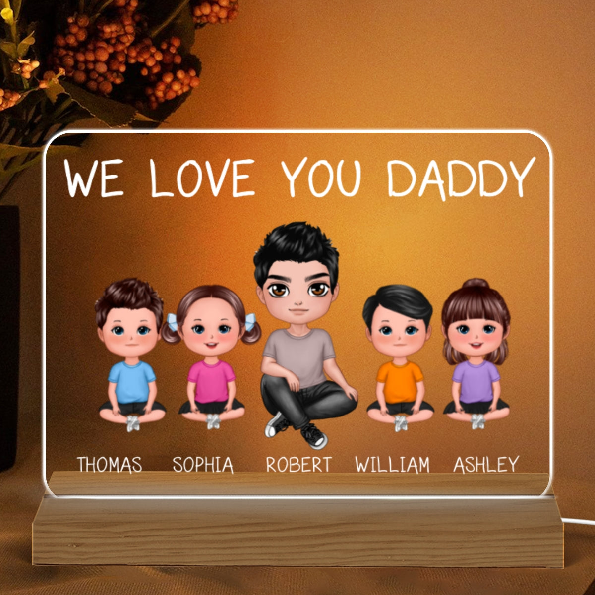 We Love You Daddy Doll Man Sitting Crossed Legs With Doll Kids Personalized Custom Shape Acrylic Plaque Warm LED Night Light