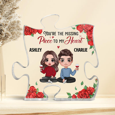 Rose Pattern Doll Couple Sitting Gift For Him For Her Personalized Puzzle Acrylic Plaque