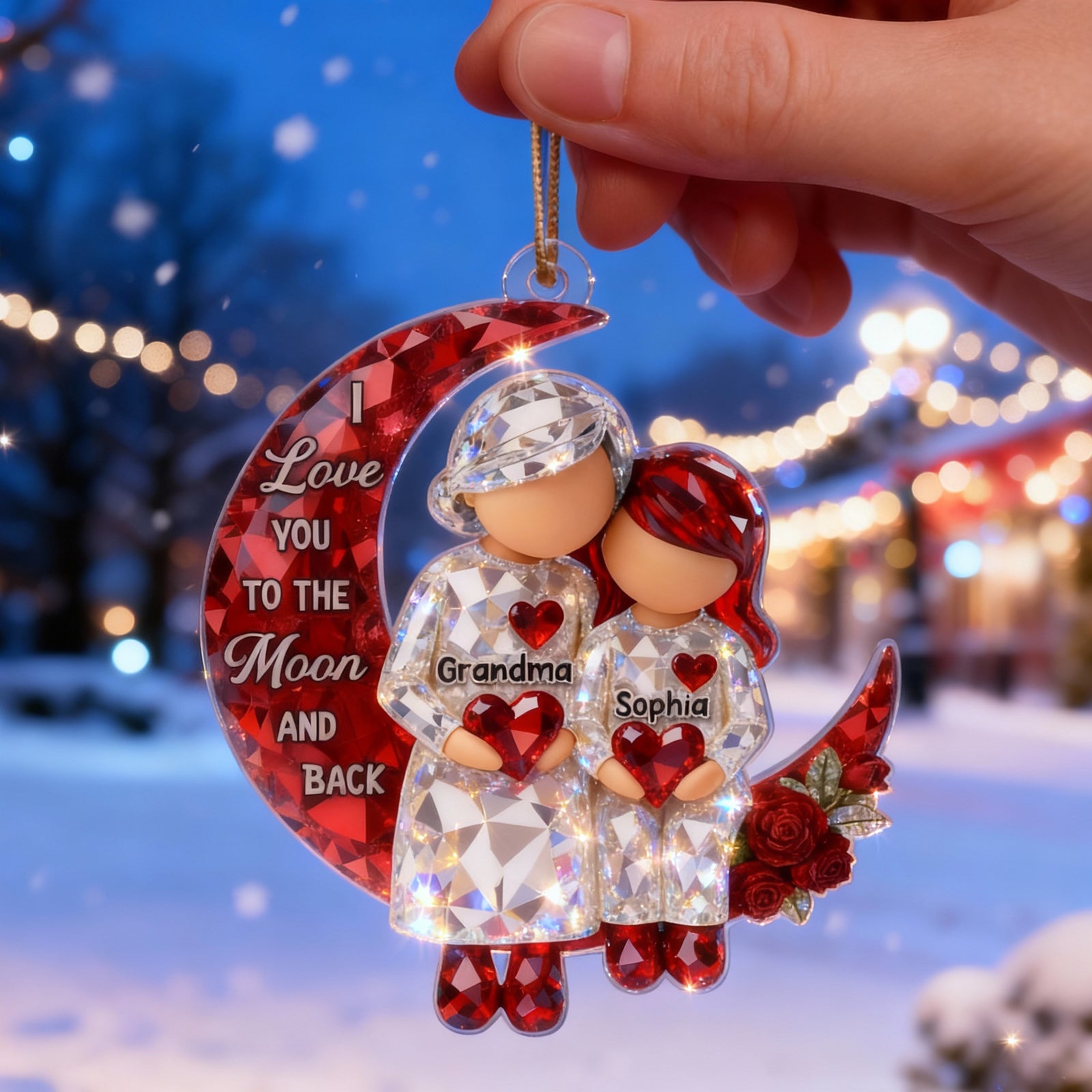 3D Crystal Effect Grandma Grandpa Grandkid Sitting on Moon  - Personalized Acrylic Ornament - Christmas Gift for Grandma, Grandkids