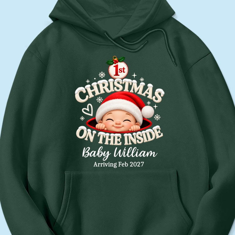 1st Christmas On The Inside Baby - Personalized Shirt - Christmas Pregnancy Announcement Gift For Mom To Be, Expecting Mom