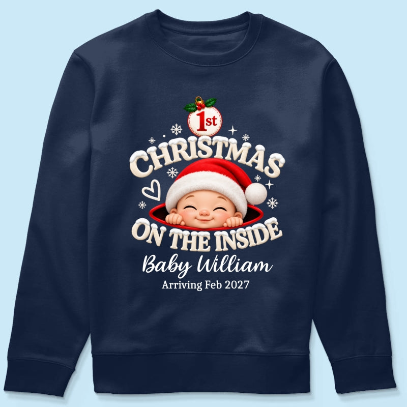 1st Christmas On The Inside Baby - Personalized Shirt - Christmas Pregnancy Announcement Gift For Mom To Be, Expecting Mom