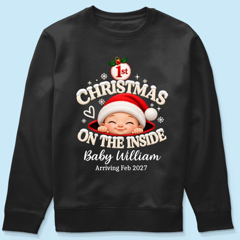 1st Christmas On The Inside Baby - Personalized Shirt - Christmas Pregnancy Announcement Gift For Mom To Be, Expecting Mom