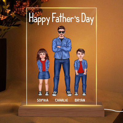 Dad And Kids Standing Front View Personalized Rectangle Acrylic LED Night Light