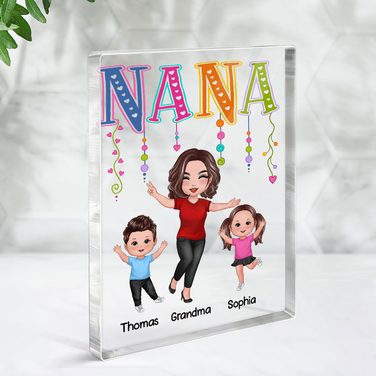 Grandma Mom Colorful String Happy Woman & Kids Personalized Vertical Rectangle Acrylic Block Plaque