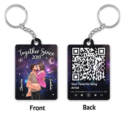 Man Holding Woman Kissing In Galaxy Night Favorite Song Scannable QR Code Personalized Acrylic Keychain