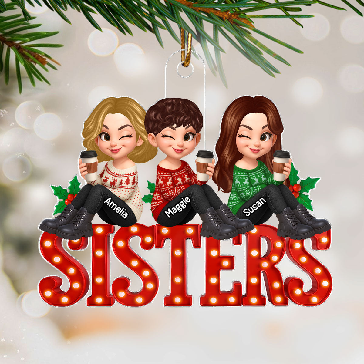 Christmas Besties Sisters Sitting On Marquee LED 3D Effect Personalized Acrylic Ornament