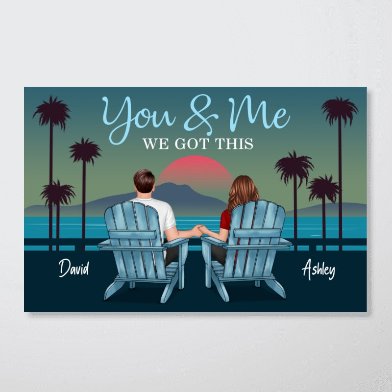 Back View Couple Sitting Beach Landscape Retro Personalized Horizontal Poster