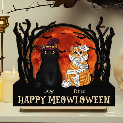 Stay Spooky Halloween Moon Scene Cat Lover Tabletop Tier Tray Decor Personalized 2-Layer Standing Wooden Plaque
