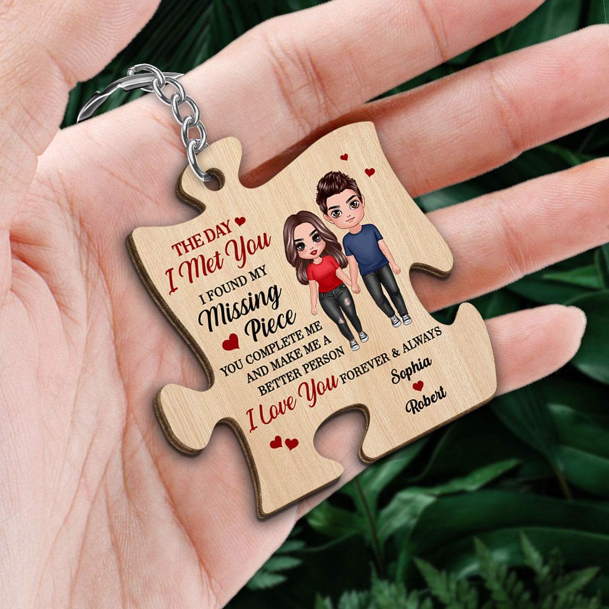 Doll Couple Standing Found My Missing Piece Gift For Him For Her Personalized Wooden Keychain