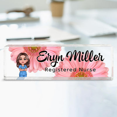 Nurse Flowers Personalized Acrylic Desk Name Plate, Gift For Nurses, Doctors, Healthcare Workers
