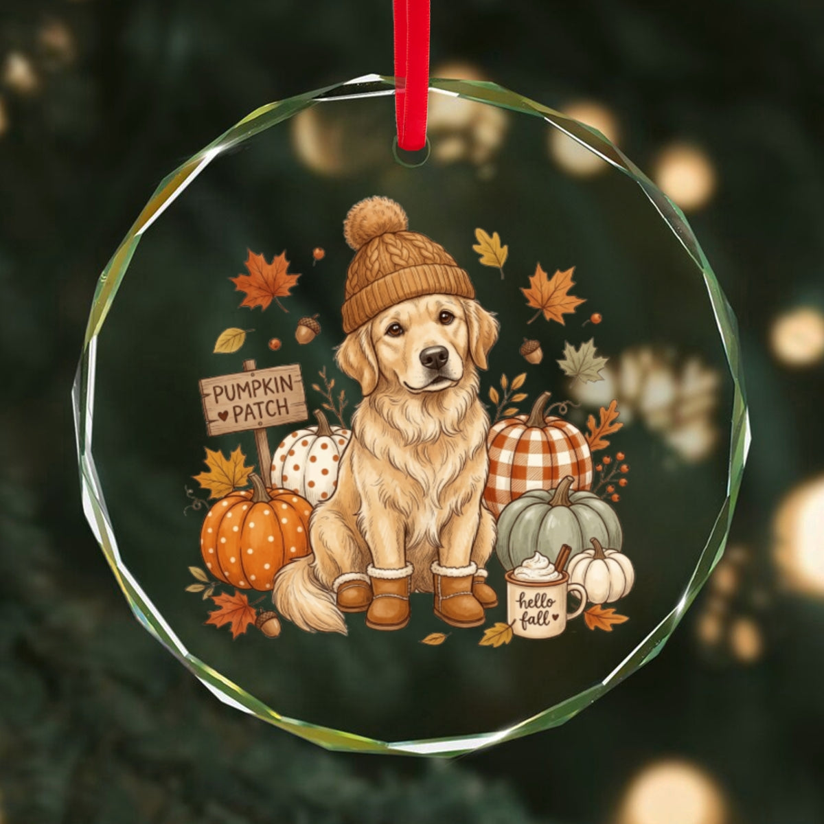 Custom Dog Photo Pumpkin Patch - Personalized Glass Ornament - Fall Gift for Dog Moms, Cat Moms, Pet Lovers