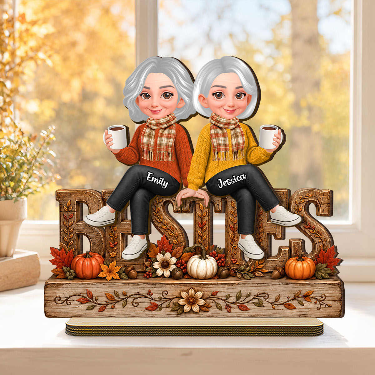 Floral Fall Season Besties Forever Friends Forever - Personalized 2-Layered Wooden Plaque - Fall Gift For Best Friends