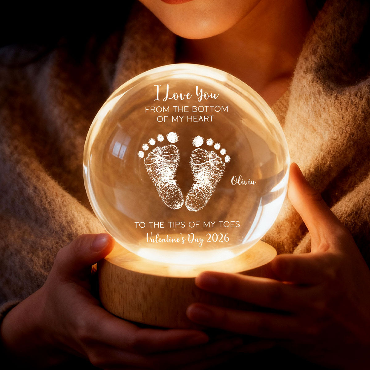 Valentine Kids Footprint Sign - Personalized Crystal Ball LED Night Light - Anniversary, Valentine's Day Gift, Gift For Him, Gift For Her