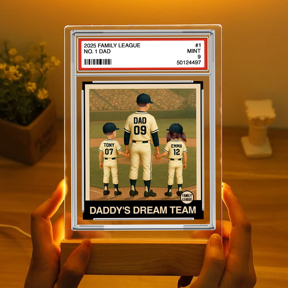 Baseball No. 1 Dad Man & Kids Trading Card Style Personalized Acrylic Plaque With LED Night Light