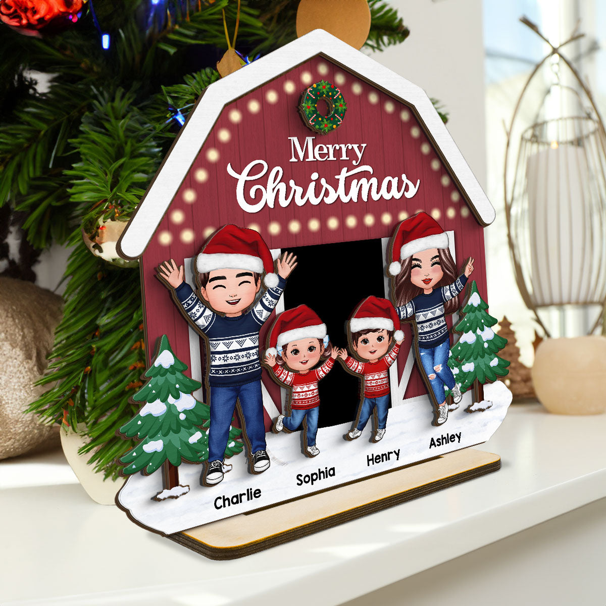 Christmas Farm House Family Tabletop Fireplace Decor Personalized 2-Layer Standing Wooden Plaque