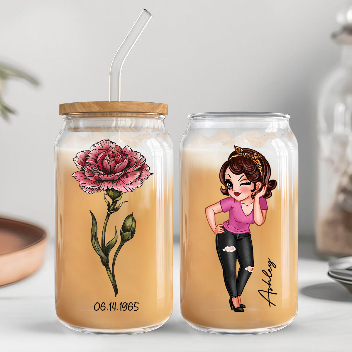 Vintage Birth Flower With Name & Birth Day Gift For Mom Grandma Pretty Woman Personalized Clear Glass Can