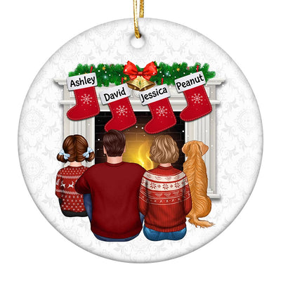 Family Mom Dad Kid Dog Cat At Fireplace Stocking Personalized Circle Ornament
