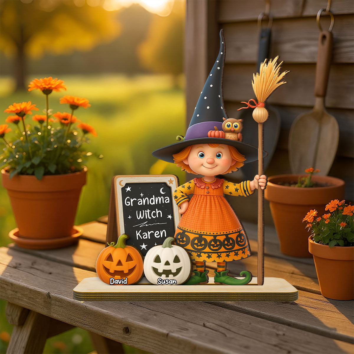 Grandma Witch Personalized Standing Wooden Plaque, Halloween Jack-o'-lantern Decor for Grandma