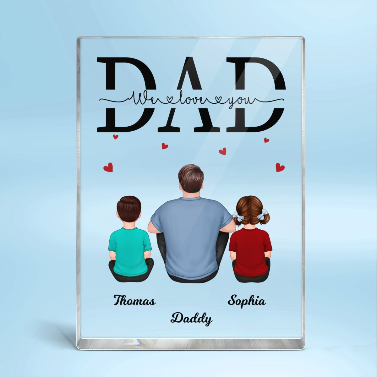 Back View Dad And Kids Dogs Cats Sitting Father‘s Day Gift Personalized Vertical Acrylic Block Plaque