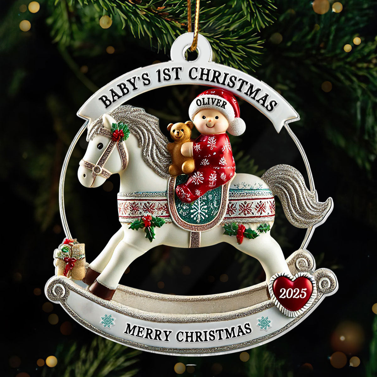Baby First Christmas Newborn On Horse Keepsake 3D Effect Personalized Acrylic Ornament