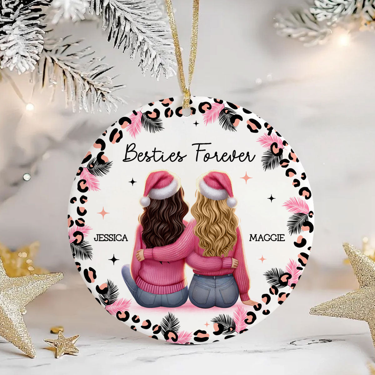 Personalized Christmas Bestie Pink Leopard, Best Friend Ornament, Friendship Ornament