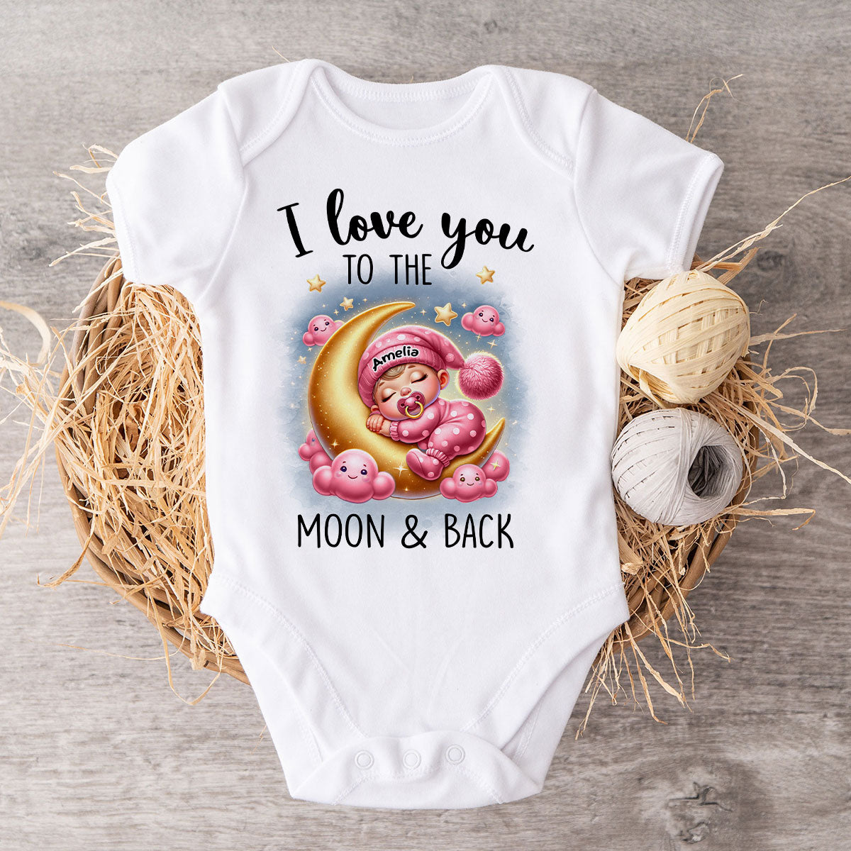 Love You To The Moon & Back Cute Baby On Moon Personalized Baby Onesie