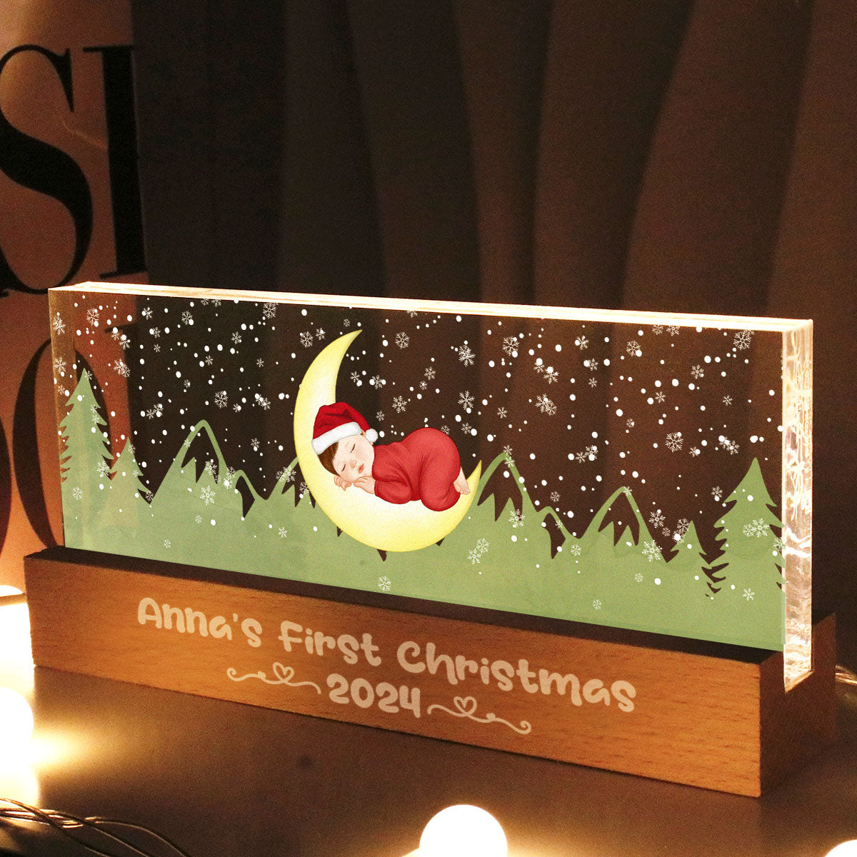 First Christmas Newborn Baby Sleeping On Moon Personalized LED Night Light
