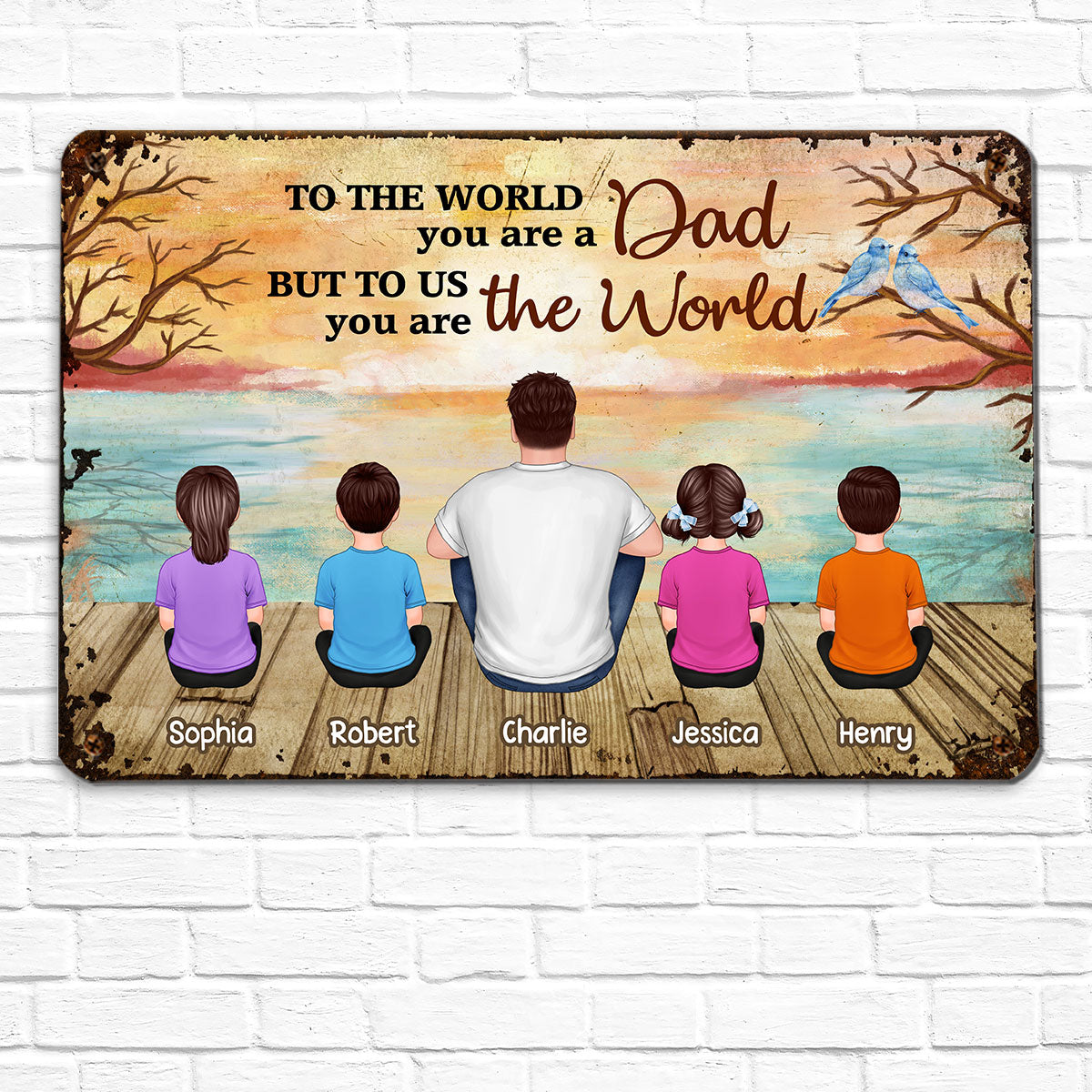 Lake View Dad Grandpa We Love You Back View Dad And Kids Dogs Cats Sitting Personalized Metal Sign