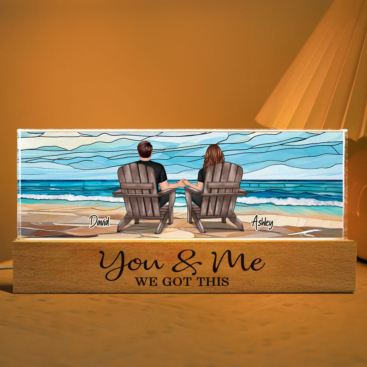 Couple Sitting At Beach Landscape Stained Glass Personalized Acrylic Block LED Night Light