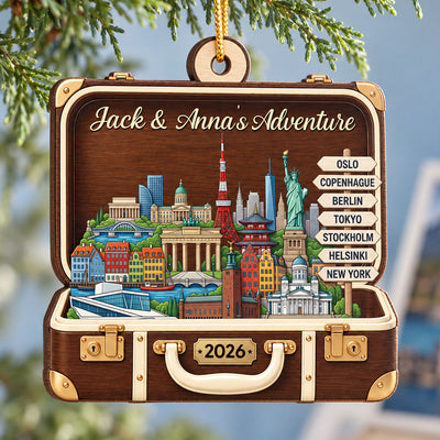 Custom Travel Adventure Suitcase 2D Flat Printed - Personalized Wooden Ornament - Traveling Destination Keepsake, Christmas Gift For Traveling Lovers