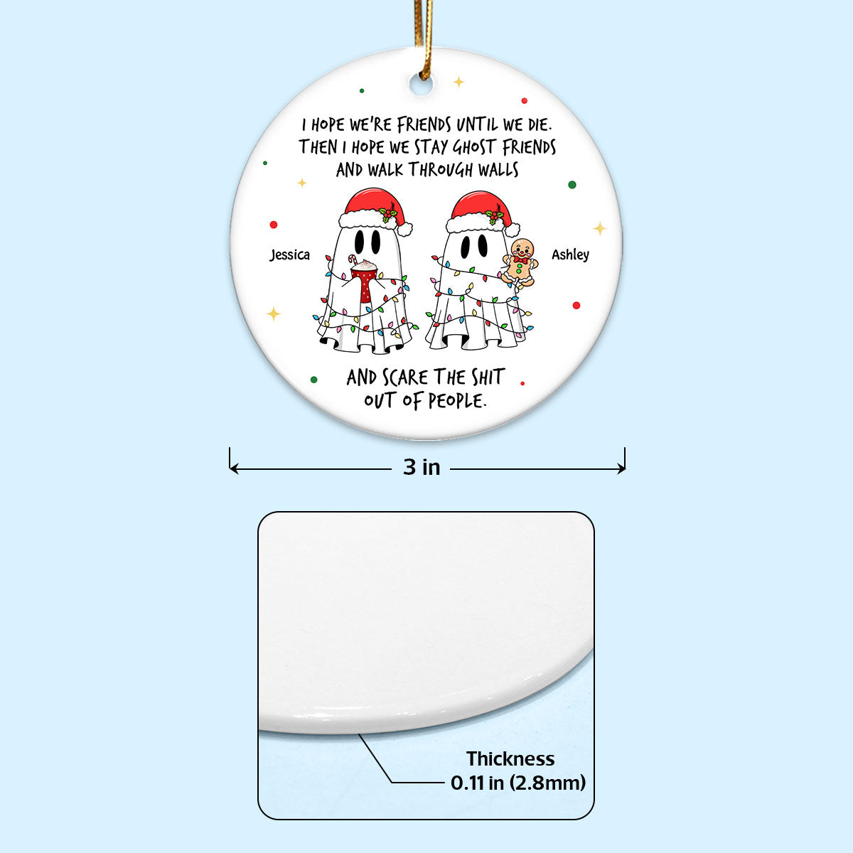 Ghost Friends Funny Christmas Gift Personalized Circle Ceramic Ornament, Christmas Gift for Best Friends, Besties, Coworkers