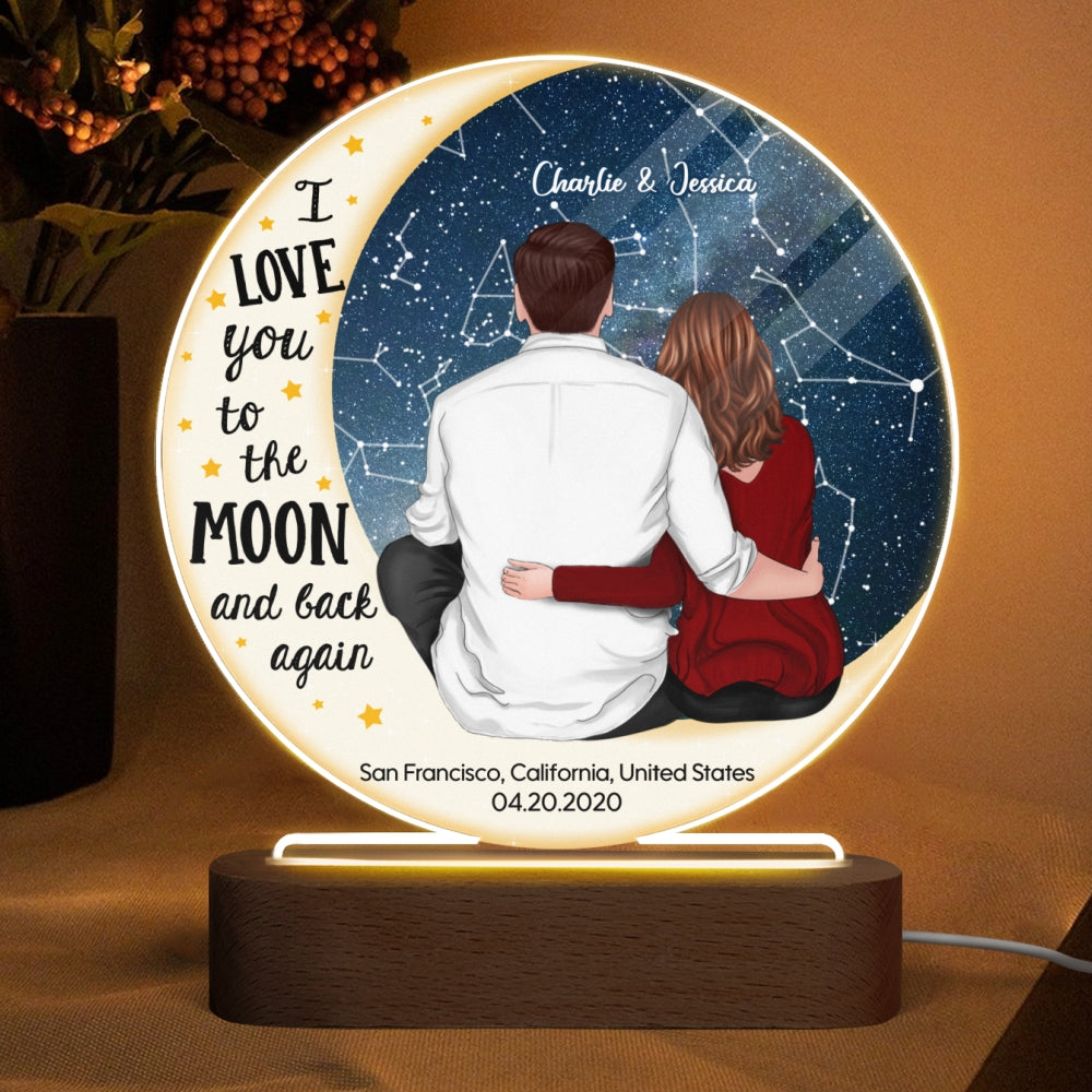 Love You To The Moon Couple Sitting On Moon Personalized Star Map Circle Acrylic Plaque With LED Night Light, Heartfelt Anniversary Gift For Her, For Him