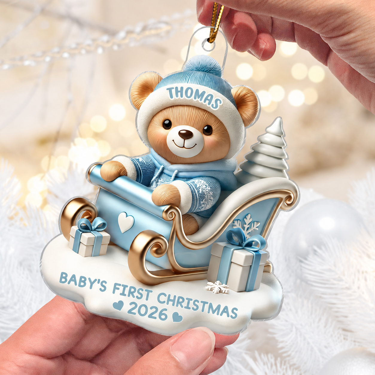 3D Effect Teddy Bear First Christmas Personalized Acrylic Ornament, Christmas Gift For Newborns, New Parents