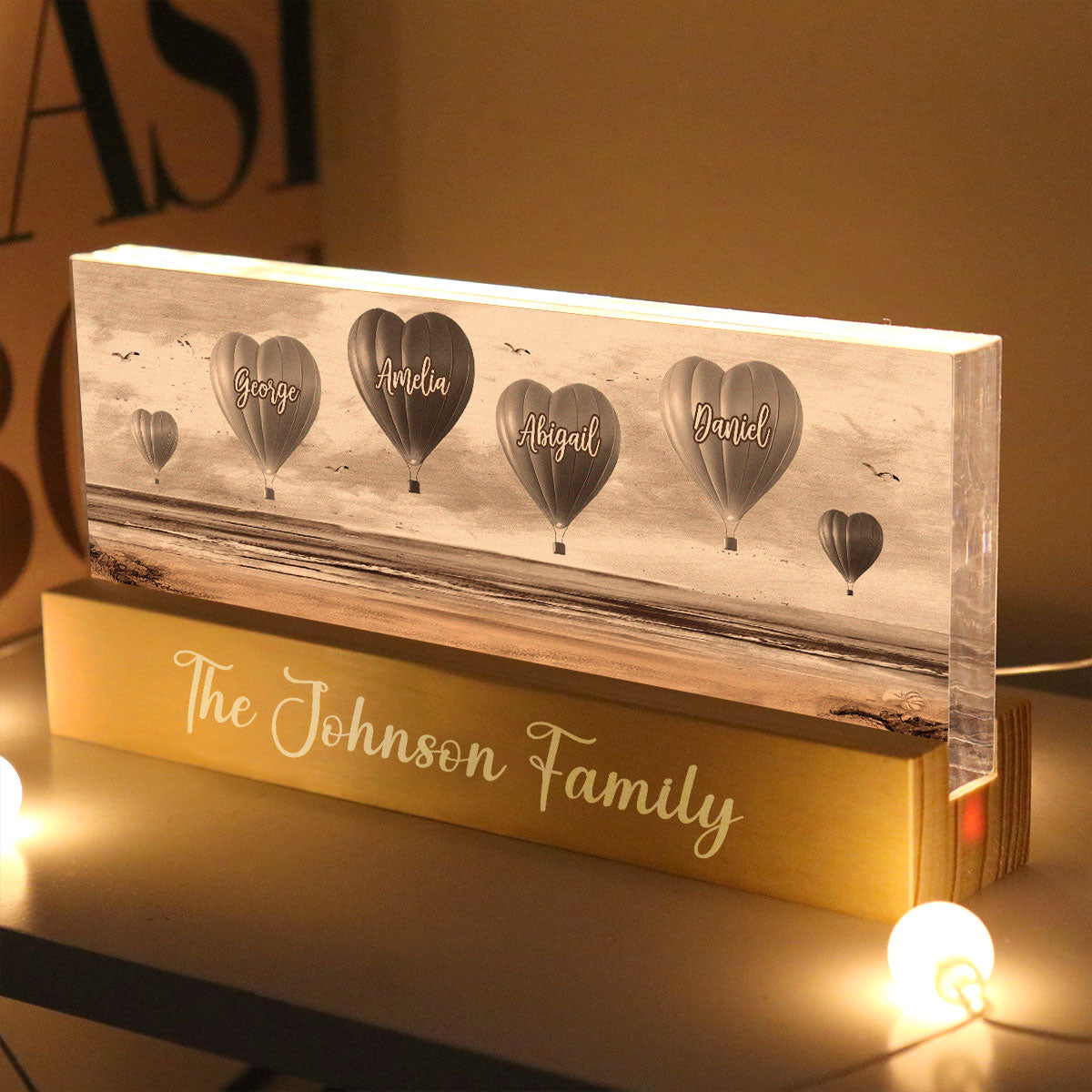Personalized Family Heart Air Balloons At Beach Acrylic Block LED Night Light, Gift for Family, Dad, Mom, Wife, Husband