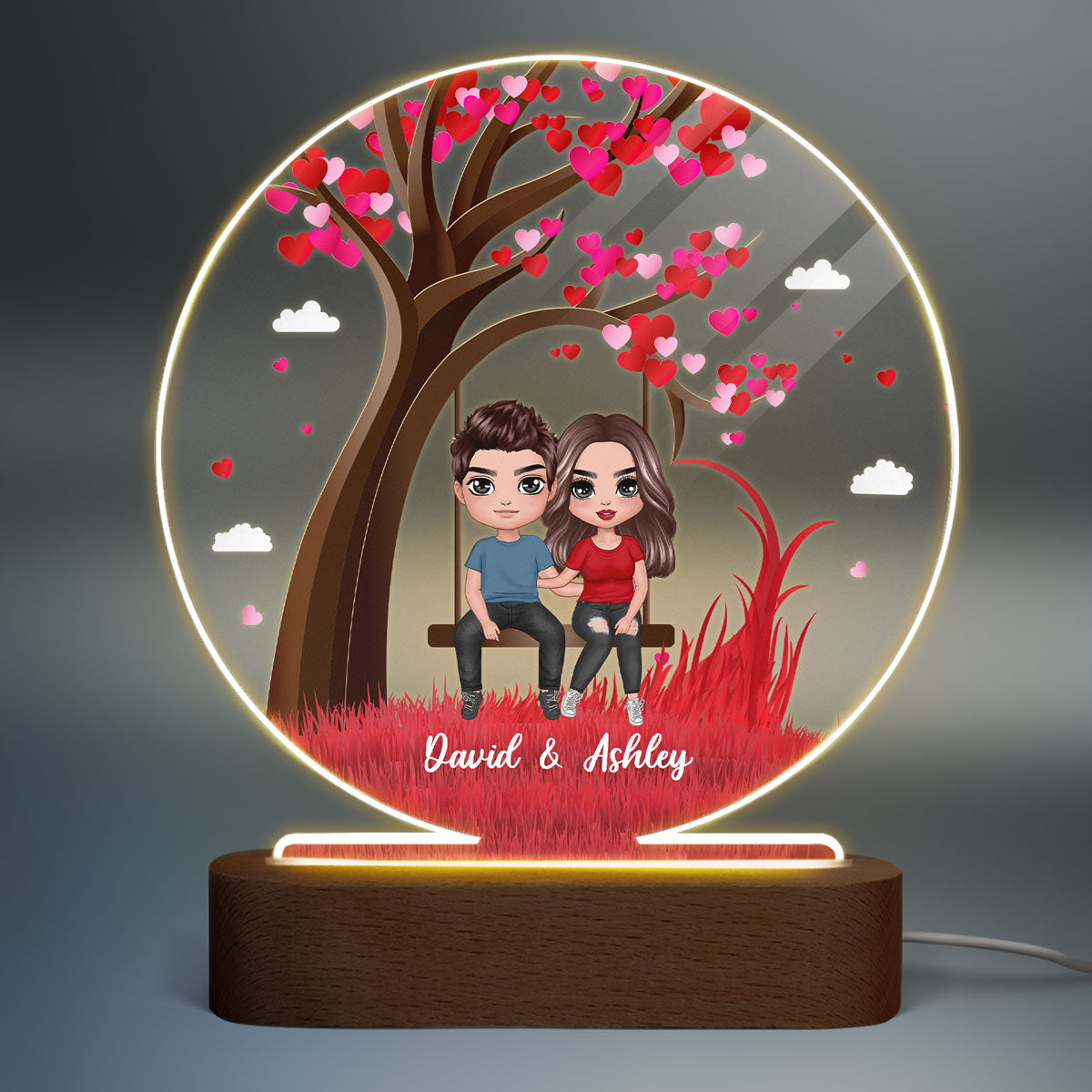 Hugging Couple Heart Tree Personalized Acrylic Circle LED Lamp Night Light