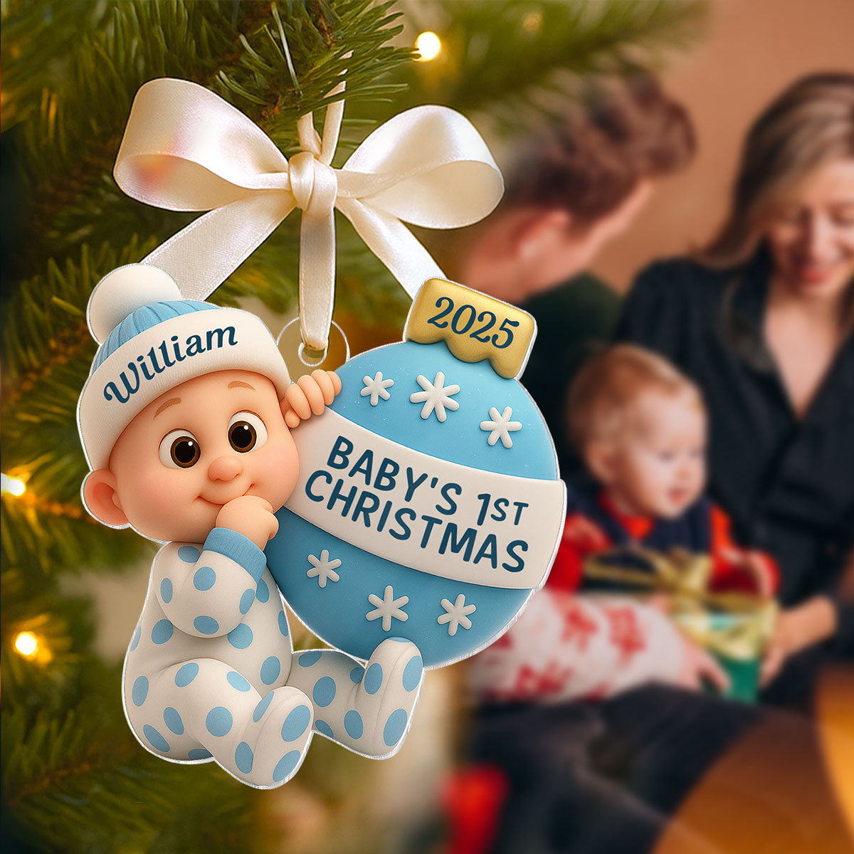 3D Effect Cute Cartoon Baby Beside Christmas Bauble Baby's 1st Christmas Personalized Acrylic Flat Ornament