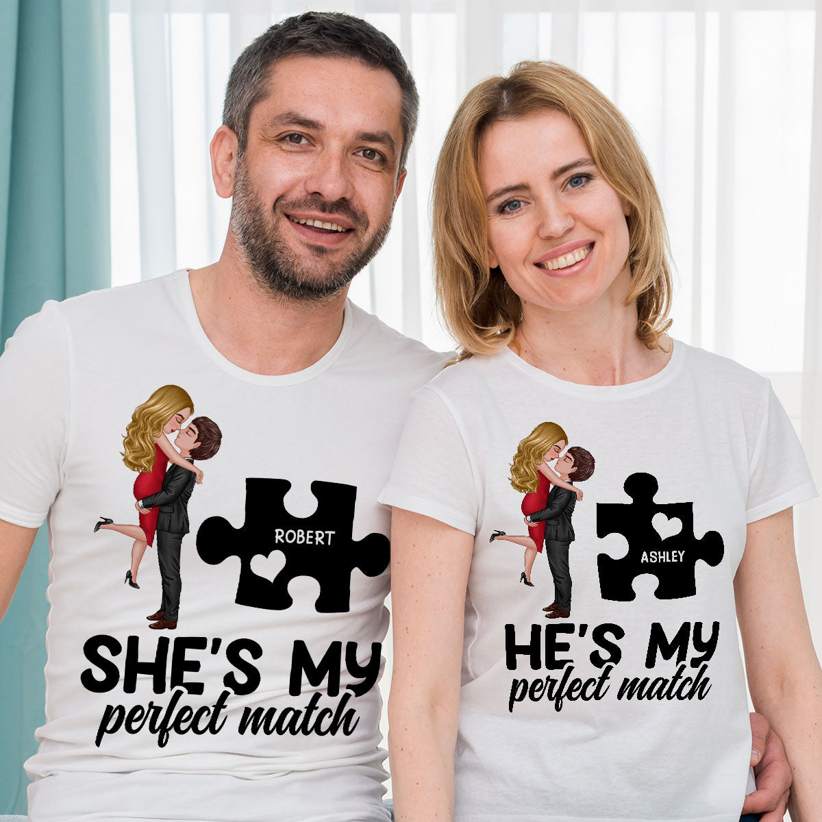 Couple Perfect Match Puzzle Couple Hugging Kissing Valentine‘s Day Personalized Matching Shirts [Set of 2 Shirts]