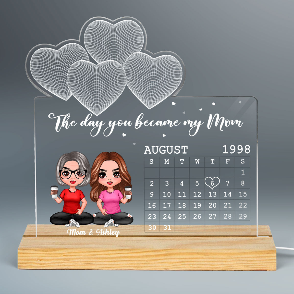 Sitting Doll Mother Daughter Under 3D Heart Personalized Custom Shape LED Night Light