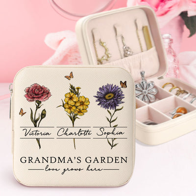Vintage Grandma's Garden Love Grows Here Beautiful Birth Month Flower Personalized Jewelry Box, Gift For Grandma, Mom