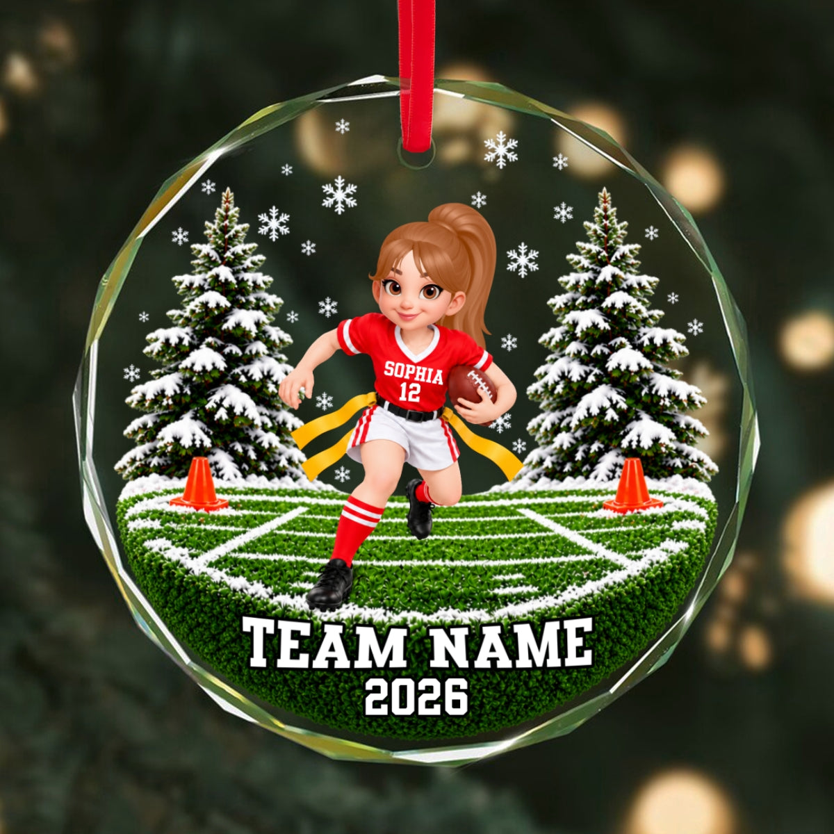 Flag Football Player 2D Flat - Personalized Glass Ornament - Custom Boy & Girl, Team Name Keepsake, Gift for Young Athletes