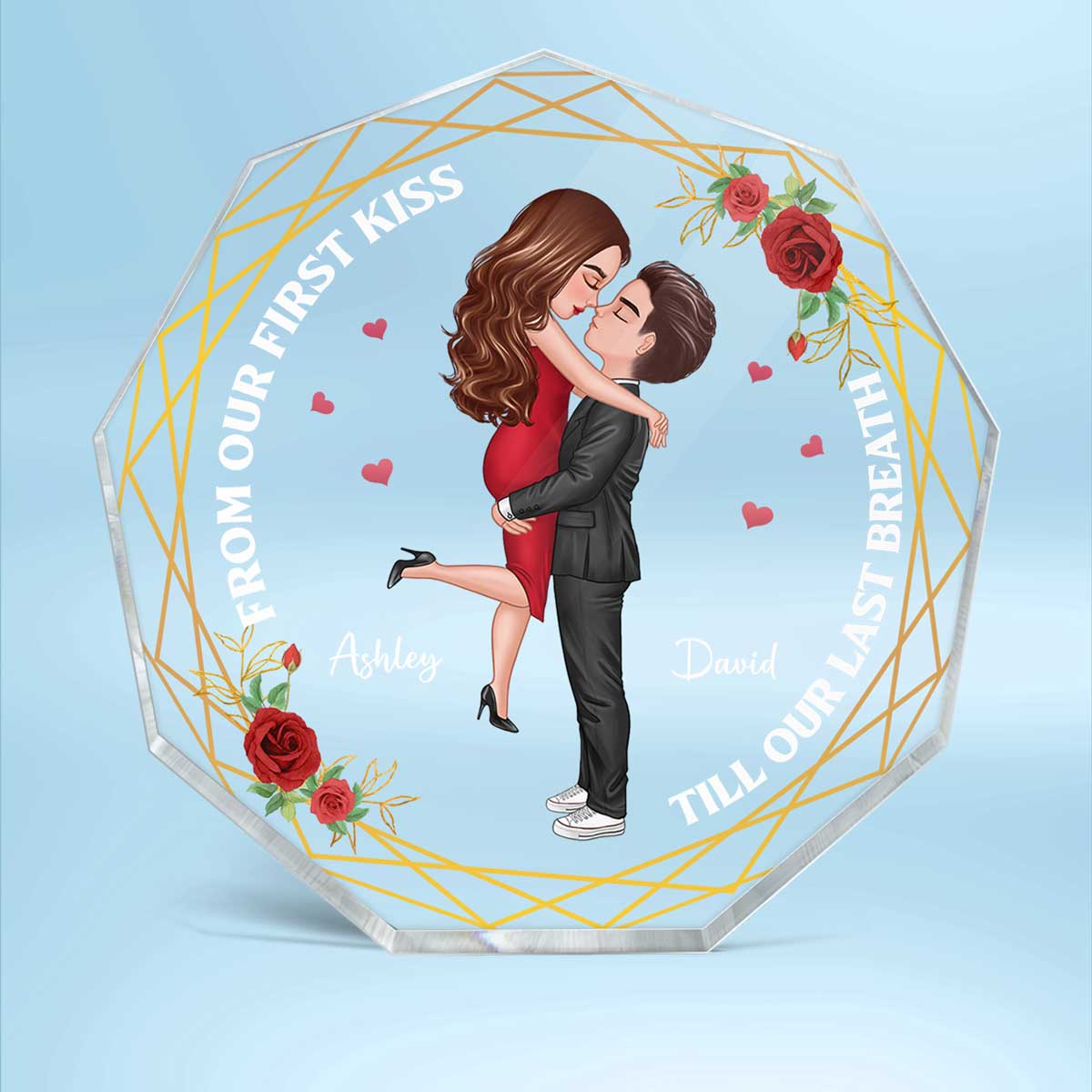 Doll Couple Holding Kissing Valentine‘s day Gift Personalized Nonagon Acrylic Plaque