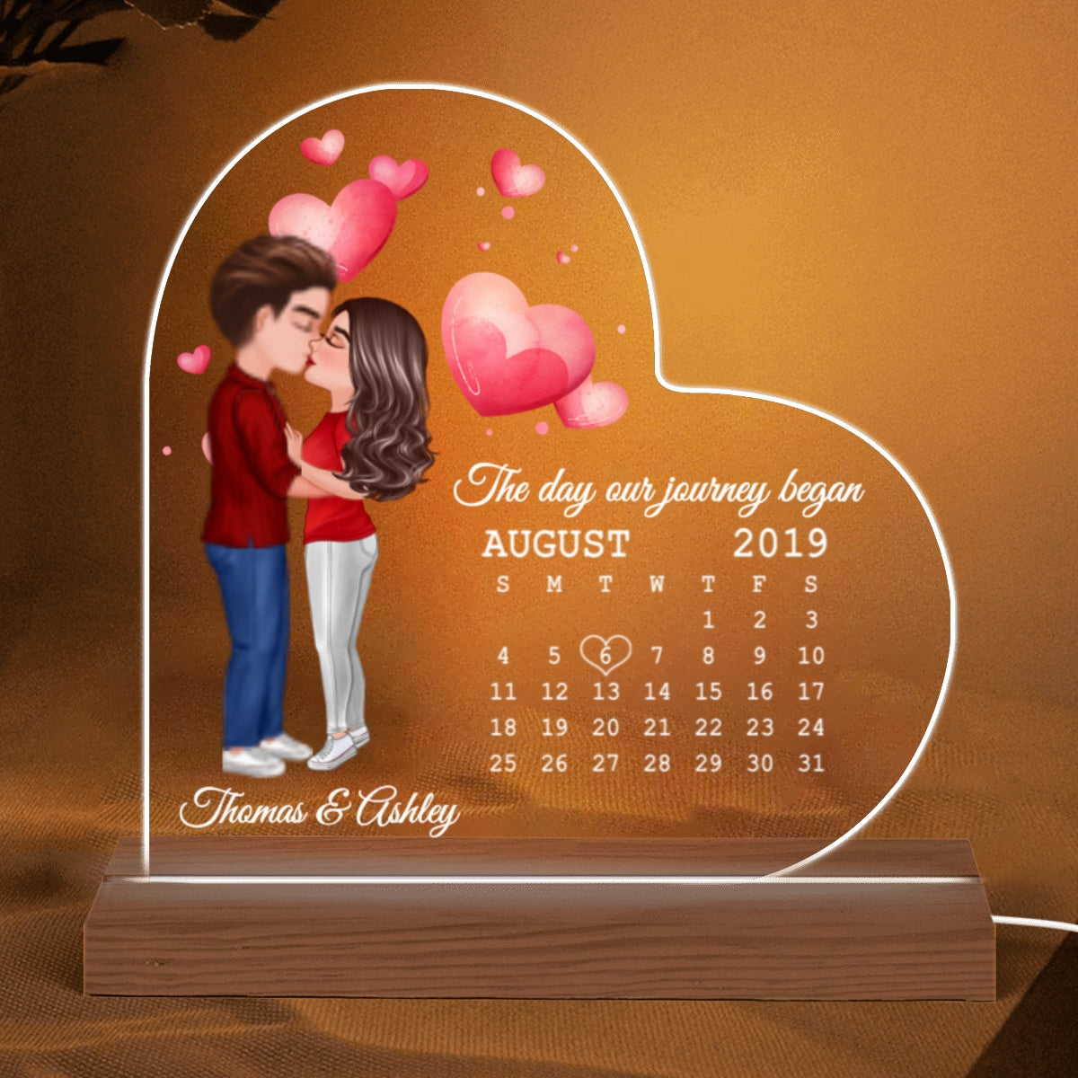 Doll Couple Kissing Calendar Anniversary Date Personalized Heart Shaped Acrylic Plaque With LED Night Light - Anniversary Gift For Couple - Gift For Him, Gift For Her