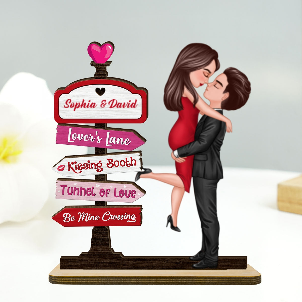 Couple Hugging Kissing Directional Sign  Home Decor Personalized 2-Layer Standing Wooden Plaque