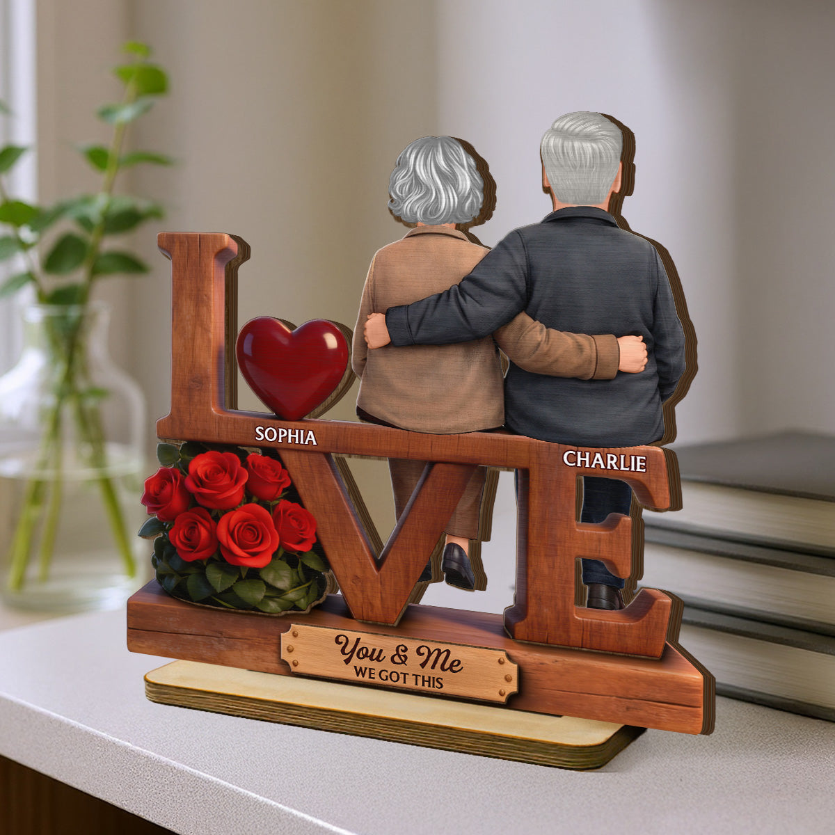 Roses LOVE Back View Old Couple Sitting Embracing - Personalized 2-Layered Wooden Plaque - Valentine's Day Gift For Couple, For Him, For Her