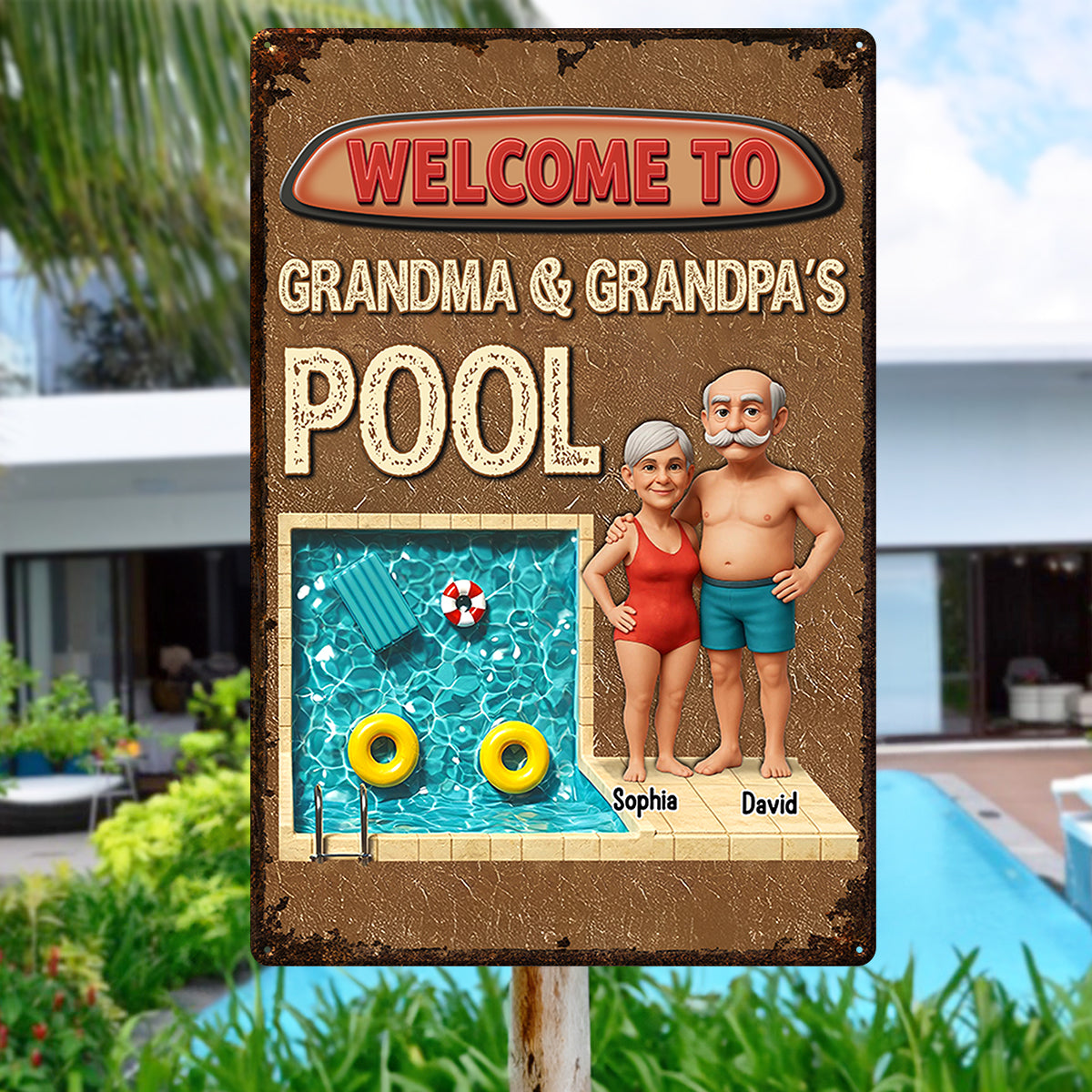 3D Effect Welcome To Grandma Grandpa Pool Personalized Metal Sign