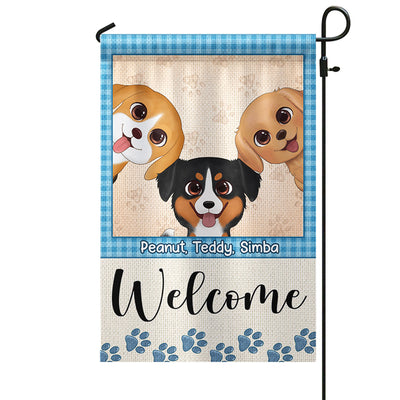 Blue Frame Watercolor Cute Dogs Welcome Personalized Garden Flag